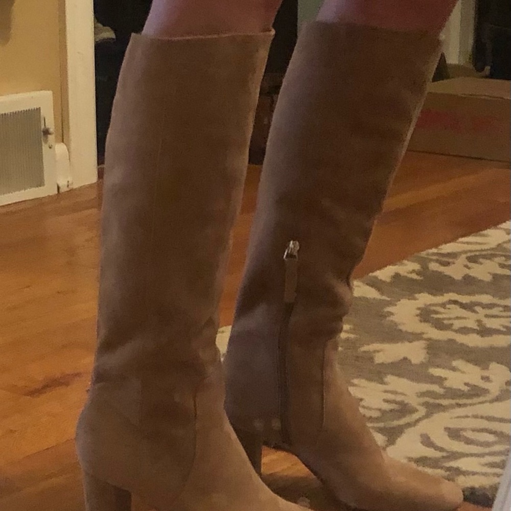 Farylrobin for Anthologie, high calf, 2.5” heel.  Tan Suede,